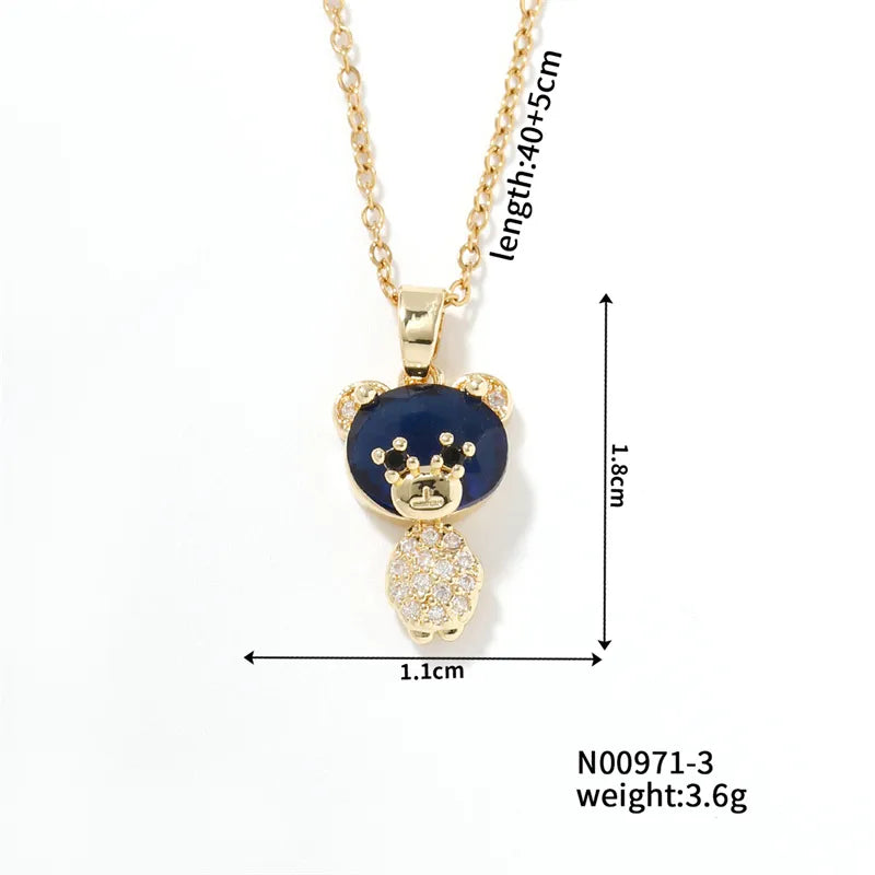 304 Stainless Steel Copper K Gold Plated Cute Sweet Korean Style Three-Dimensional Inlay Little Bear Zircon Pendant Necklace