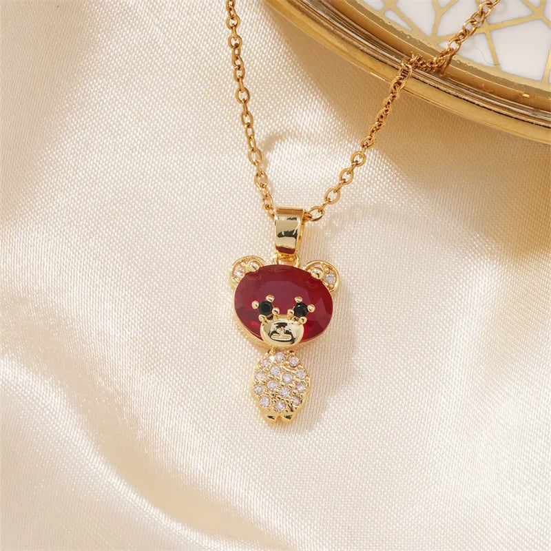 304 Stainless Steel Copper K Gold Plated Cute Sweet Korean Style Three-Dimensional Inlay Little Bear Zircon Pendant Necklace