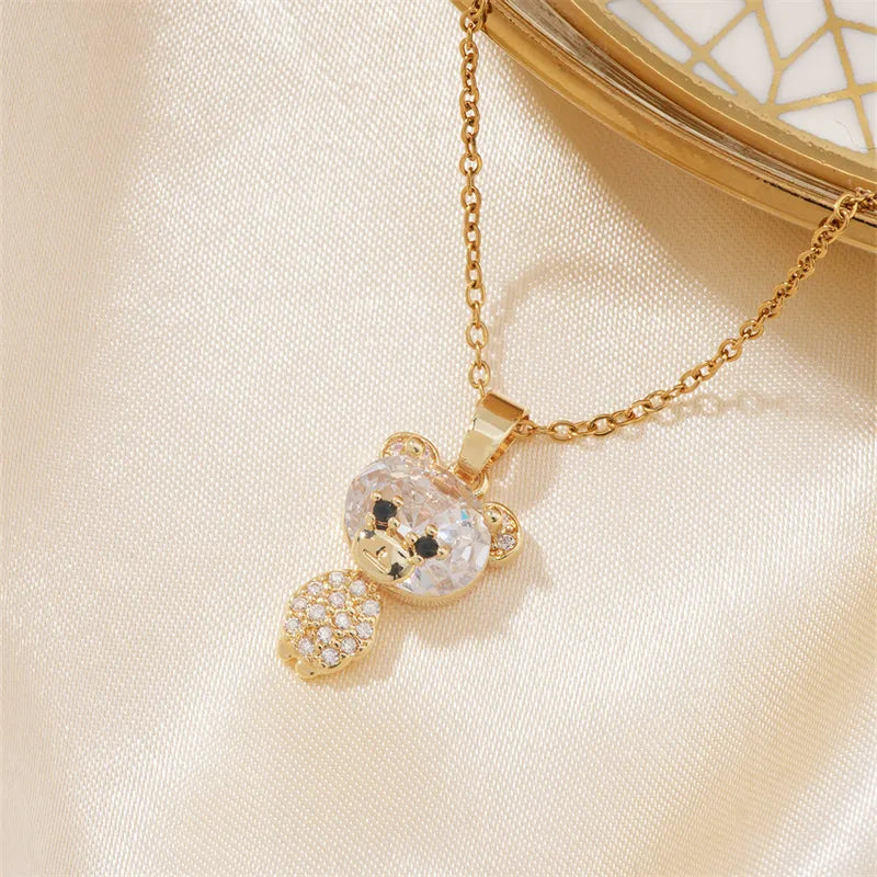 304 Stainless Steel Copper K Gold Plated Cute Sweet Korean Style Three-Dimensional Inlay Little Bear Zircon Pendant Necklace