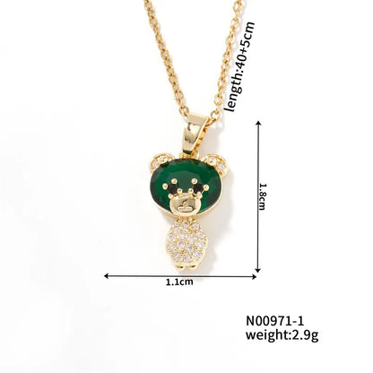 304 Stainless Steel Copper K Gold Plated Cute Sweet Korean Style Three-Dimensional Inlay Little Bear Zircon Pendant Necklace