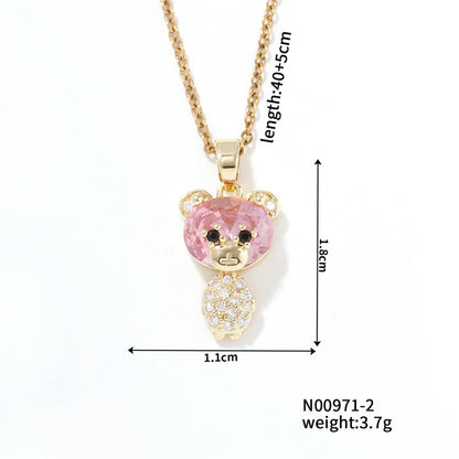 304 Stainless Steel Copper K Gold Plated Cute Sweet Korean Style Three-Dimensional Inlay Little Bear Zircon Pendant Necklace