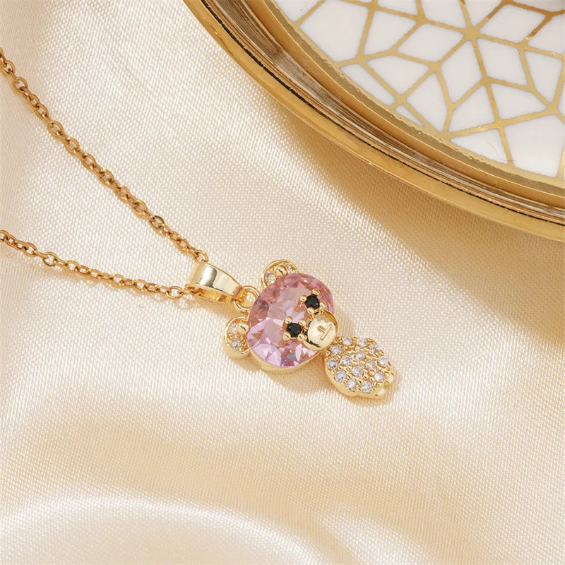 304 Stainless Steel Copper K Gold Plated Cute Sweet Korean Style Three-Dimensional Inlay Little Bear Zircon Pendant Necklace