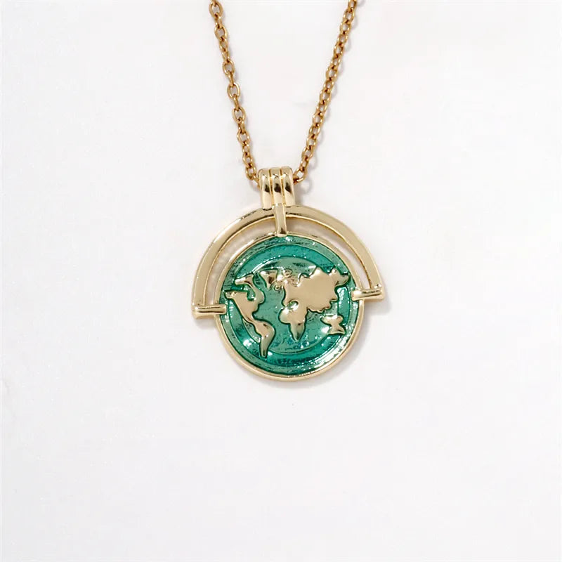 304 Stainless Steel Copper K Gold Plated Hip-Hop Rock Shiny Three-Dimensional Round Map Pendant Necklace