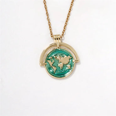 304 Stainless Steel Copper K Gold Plated Hip-Hop Rock Shiny Three-Dimensional Round Map Pendant Necklace