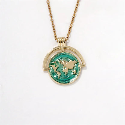 304 Stainless Steel Copper K Gold Plated Hip-Hop Rock Shiny Three-Dimensional Round Map Pendant Necklace