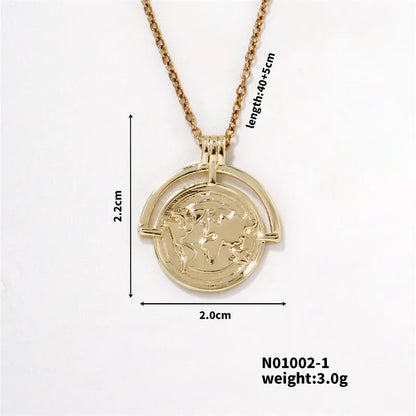 304 Stainless Steel Copper K Gold Plated Hip-Hop Rock Shiny Three-Dimensional Round Map Pendant Necklace