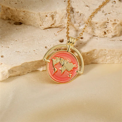 304 Stainless Steel Copper K Gold Plated Hip-Hop Rock Shiny Three-Dimensional Round Map Pendant Necklace