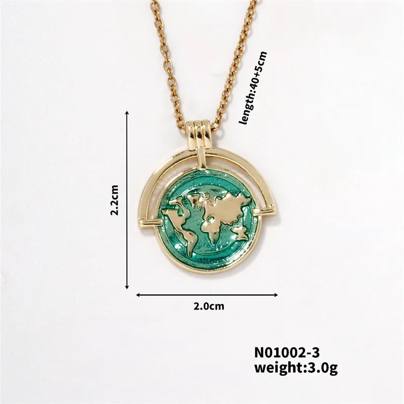 304 Stainless Steel Copper K Gold Plated Hip-Hop Rock Shiny Three-Dimensional Round Map Pendant Necklace