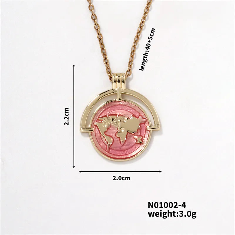 304 Stainless Steel Copper K Gold Plated Hip-Hop Rock Shiny Three-Dimensional Round Map Pendant Necklace