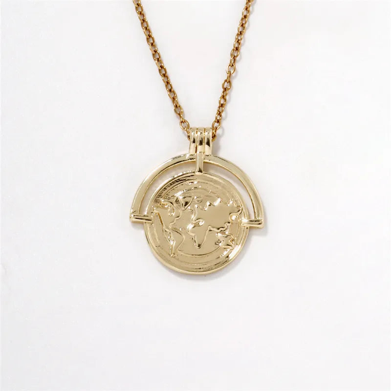 304 Stainless Steel Copper K Gold Plated Hip-Hop Rock Shiny Three-Dimensional Round Map Pendant Necklace