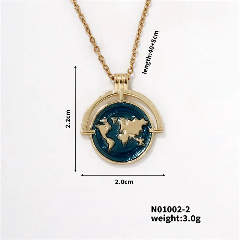 304 Stainless Steel Copper K Gold Plated Hip-Hop Rock Shiny Three-Dimensional Round Map Pendant Necklace