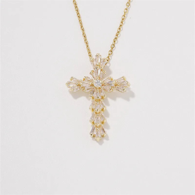 304 Stainless Steel Copper K Gold Plated Hip-Hop Rock Streetwear Three-Dimensional Inlay Cross Zircon Pendant Necklace