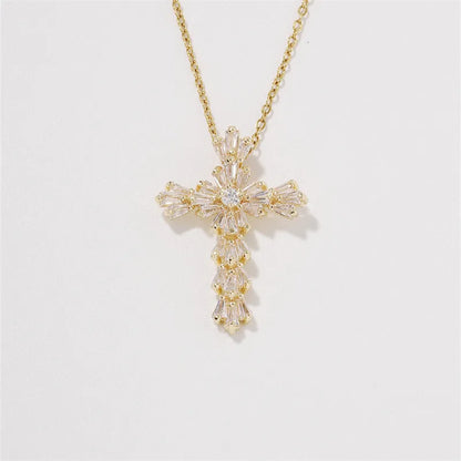 304 Stainless Steel Copper K Gold Plated Hip-Hop Rock Streetwear Three-Dimensional Inlay Cross Zircon Pendant Necklace