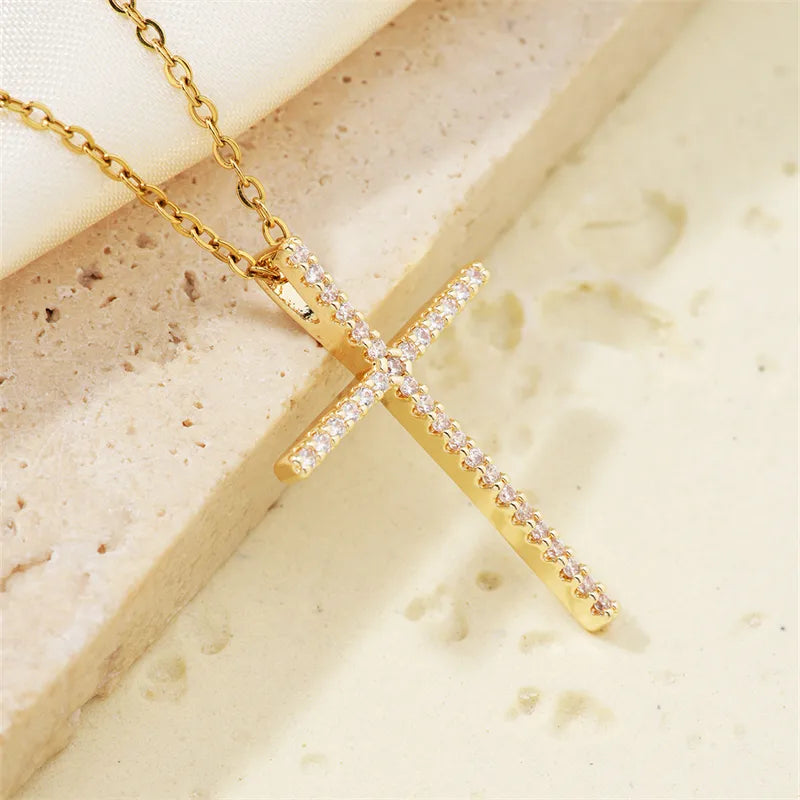 304 Stainless Steel Copper K Gold Plated Hip-Hop Rock Streetwear Three-Dimensional Inlay Cross Zircon Pendant Necklace