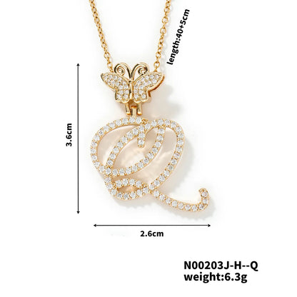 304 Stainless Steel Copper K Gold Plated Inlay Letter Zircon Pendant Necklace