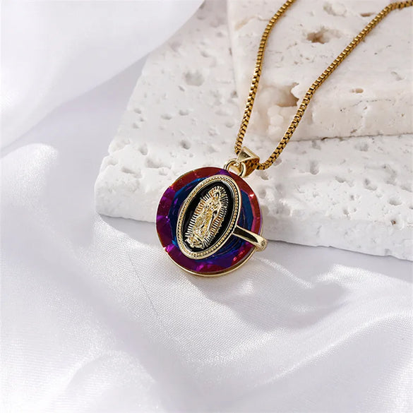 304 Stainless Steel Copper K Gold Plated Inlay Portrait Crystal Pendant Necklace