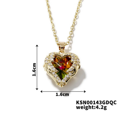 304 Stainless Steel Copper K Gold Plated Rhodium Plated Inlay Heart Shape Crystal Zircon Pendant Necklace