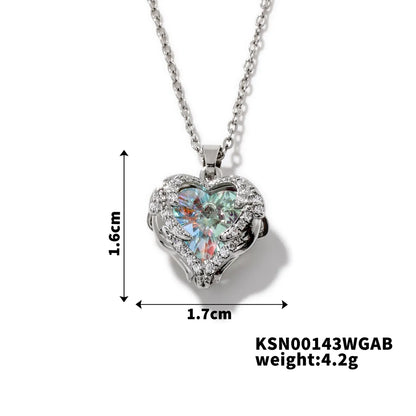 304 Stainless Steel Copper K Gold Plated Rhodium Plated Inlay Heart Shape Crystal Zircon Pendant Necklace