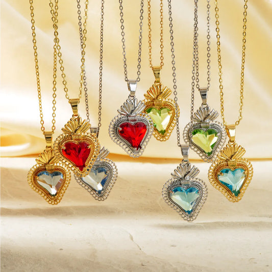 304 Stainless Steel Copper K Gold Plated Three-Dimensional Inlay Heart Shape Strawberry Glass Pendant Necklace