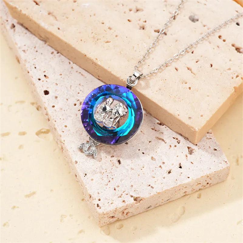 304 Stainless Steel Copper Rhodium Plated Casual Cute Three-Dimensional Inlay Mermaid Crystal Zircon Pendant Necklace