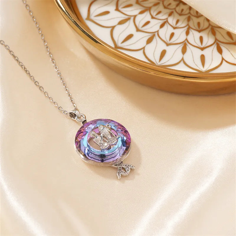 304 Stainless Steel Copper Rhodium Plated Casual Cute Three-Dimensional Inlay Mermaid Crystal Zircon Pendant Necklace