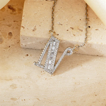 304 Stainless Steel Copper Rhodium Plated Hip-Hop Rock Tropical Asymmetrical Inlay Letter Zircon Pendant Necklace