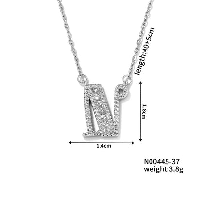 304 Stainless Steel Copper Rhodium Plated Hip-Hop Rock Tropical Asymmetrical Inlay Letter Zircon Pendant Necklace