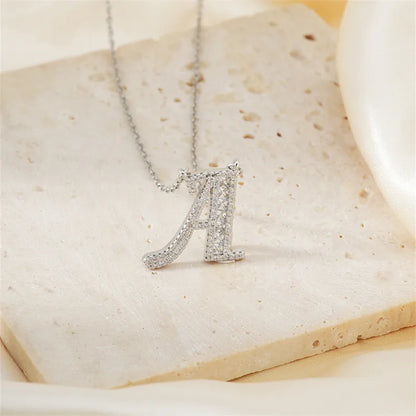 304 Stainless Steel Copper Rhodium Plated Hip-Hop Rock Tropical Asymmetrical Inlay Letter Zircon Pendant Necklace