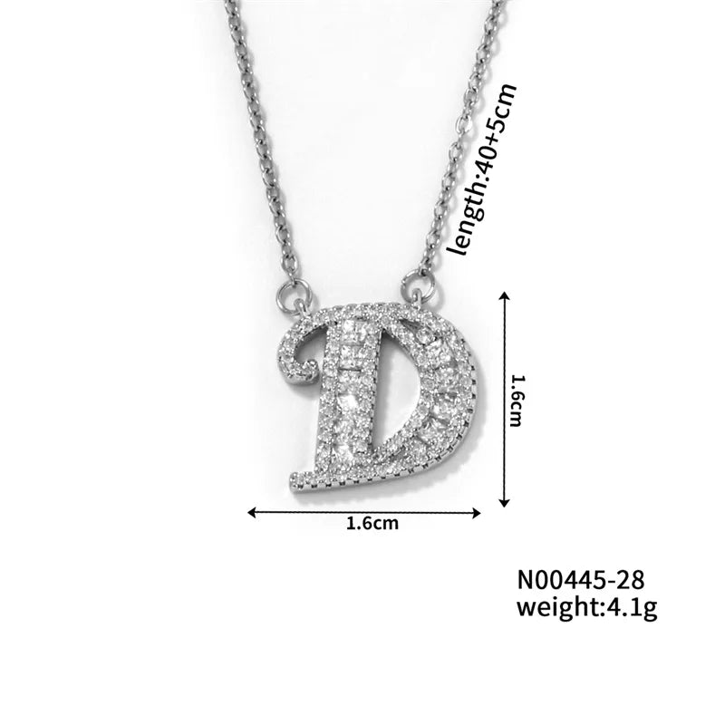 304 Stainless Steel Copper Rhodium Plated Hip-Hop Rock Tropical Asymmetrical Inlay Letter Zircon Pendant Necklace