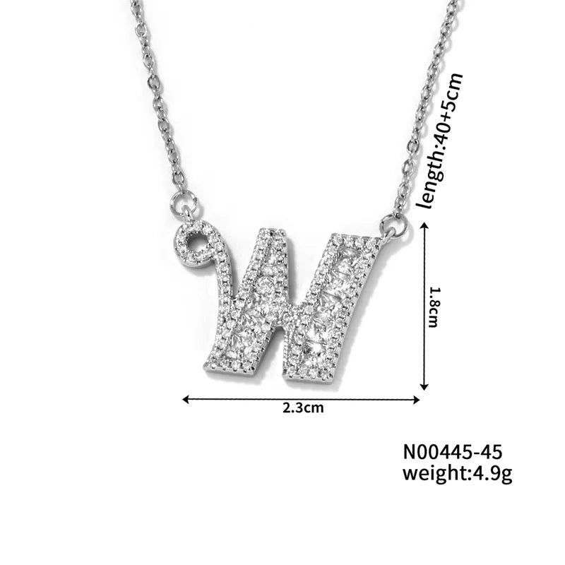 304 Stainless Steel Copper Rhodium Plated Hip-Hop Rock Tropical Asymmetrical Inlay Letter Zircon Pendant Necklace