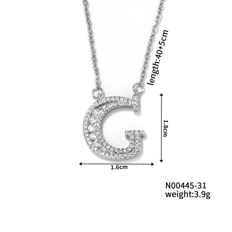 304 Stainless Steel Copper Rhodium Plated Hip-Hop Rock Tropical Asymmetrical Inlay Letter Zircon Pendant Necklace