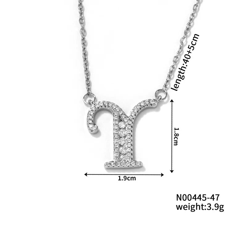 304 Stainless Steel Copper Rhodium Plated Hip-Hop Rock Tropical Asymmetrical Inlay Letter Zircon Pendant Necklace