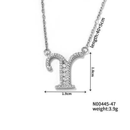 304 Stainless Steel Copper Rhodium Plated Hip-Hop Rock Tropical Asymmetrical Inlay Letter Zircon Pendant Necklace