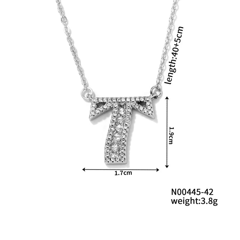 304 Stainless Steel Copper Rhodium Plated Hip-Hop Rock Tropical Asymmetrical Inlay Letter Zircon Pendant Necklace