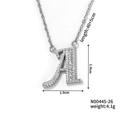 304 Stainless Steel Copper Rhodium Plated Hip-Hop Rock Tropical Asymmetrical Inlay Letter Zircon Pendant Necklace