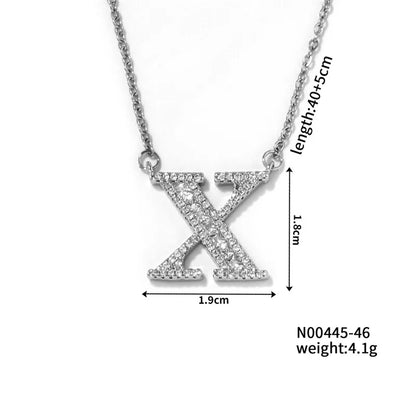 304 Stainless Steel Copper Rhodium Plated Hip-Hop Rock Tropical Asymmetrical Inlay Letter Zircon Pendant Necklace