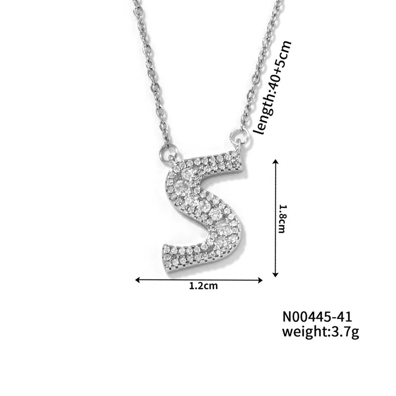 304 Stainless Steel Copper Rhodium Plated Hip-Hop Rock Tropical Asymmetrical Inlay Letter Zircon Pendant Necklace