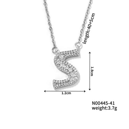 304 Stainless Steel Copper Rhodium Plated Hip-Hop Rock Tropical Asymmetrical Inlay Letter Zircon Pendant Necklace