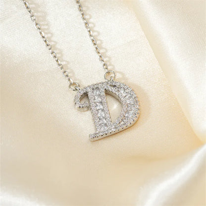 304 Stainless Steel Copper Rhodium Plated Hip-Hop Rock Tropical Asymmetrical Inlay Letter Zircon Pendant Necklace