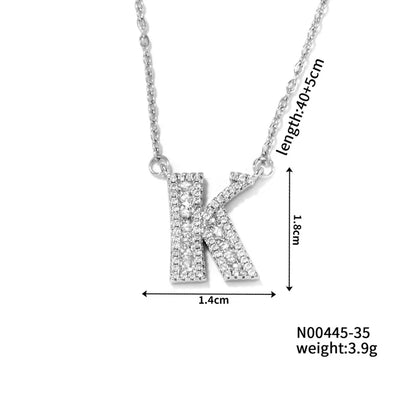 304 Stainless Steel Copper Rhodium Plated Hip-Hop Rock Tropical Asymmetrical Inlay Letter Zircon Pendant Necklace