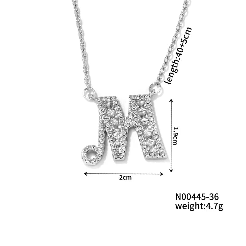 304 Stainless Steel Copper Rhodium Plated Hip-Hop Rock Tropical Asymmetrical Inlay Letter Zircon Pendant Necklace