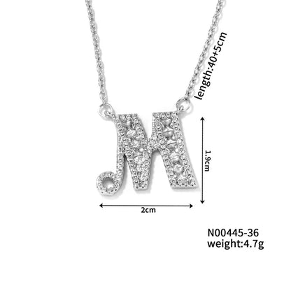 304 Stainless Steel Copper Rhodium Plated Hip-Hop Rock Tropical Asymmetrical Inlay Letter Zircon Pendant Necklace