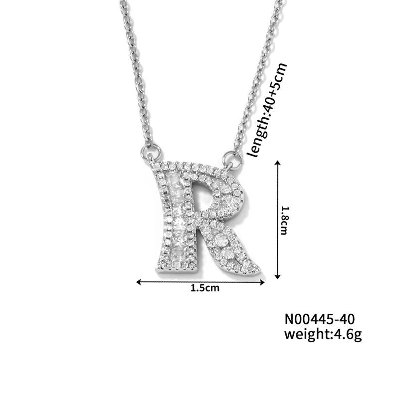 304 Stainless Steel Copper Rhodium Plated Hip-Hop Rock Tropical Asymmetrical Inlay Letter Zircon Pendant Necklace