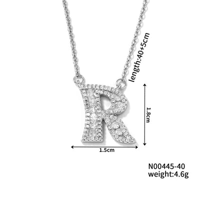 304 Stainless Steel Copper Rhodium Plated Hip-Hop Rock Tropical Asymmetrical Inlay Letter Zircon Pendant Necklace