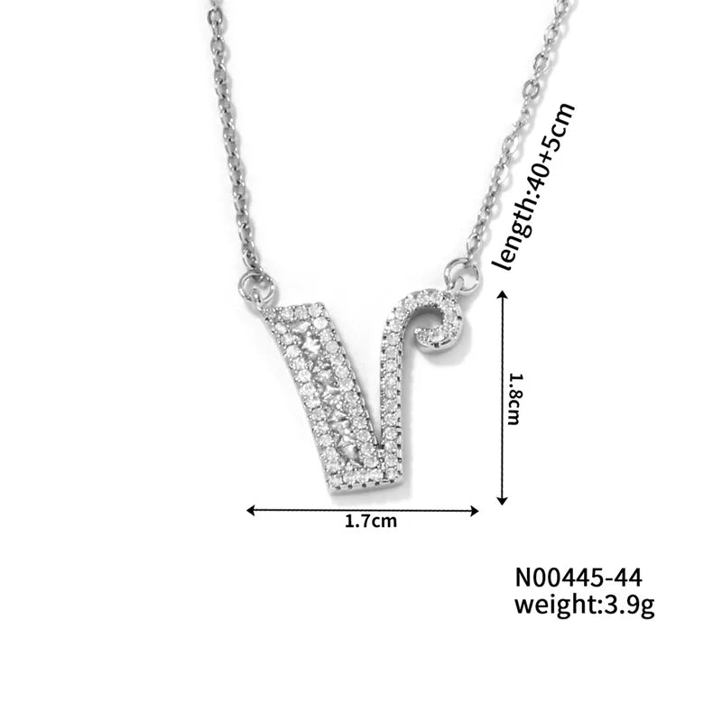 304 Stainless Steel Copper Rhodium Plated Hip-Hop Rock Tropical Asymmetrical Inlay Letter Zircon Pendant Necklace