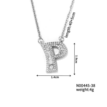 304 Stainless Steel Copper Rhodium Plated Hip-Hop Rock Tropical Asymmetrical Inlay Letter Zircon Pendant Necklace