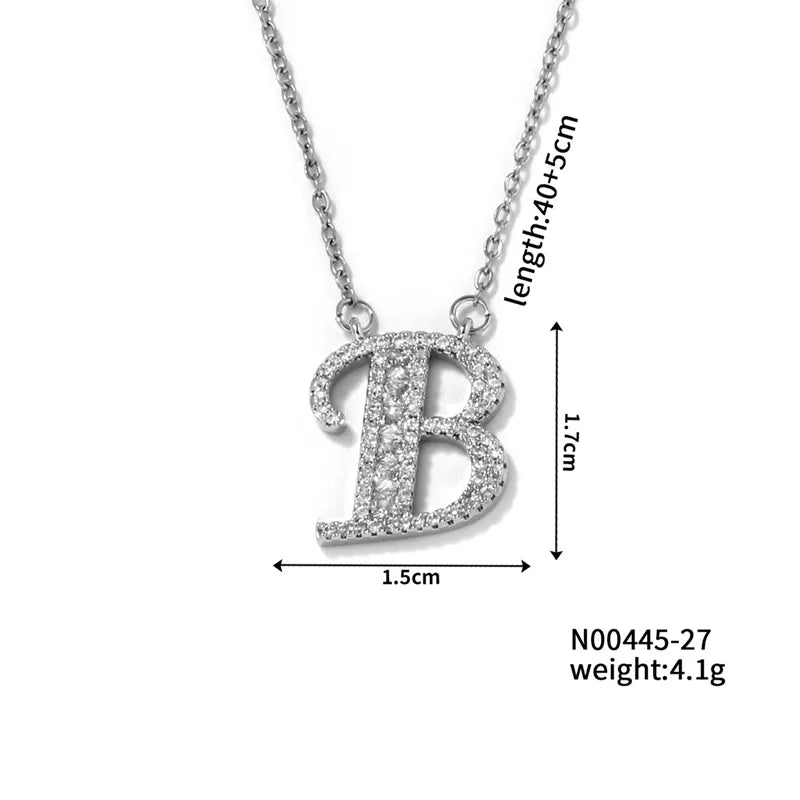 304 Stainless Steel Copper Rhodium Plated Hip-Hop Rock Tropical Asymmetrical Inlay Letter Zircon Pendant Necklace