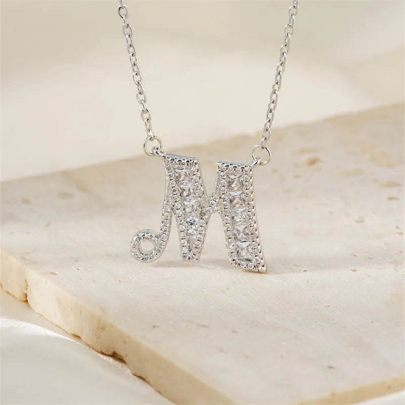 304 Stainless Steel Copper Rhodium Plated Hip-Hop Rock Tropical Asymmetrical Inlay Letter Zircon Pendant Necklace