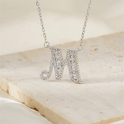 304 Stainless Steel Copper Rhodium Plated Hip-Hop Rock Tropical Asymmetrical Inlay Letter Zircon Pendant Necklace