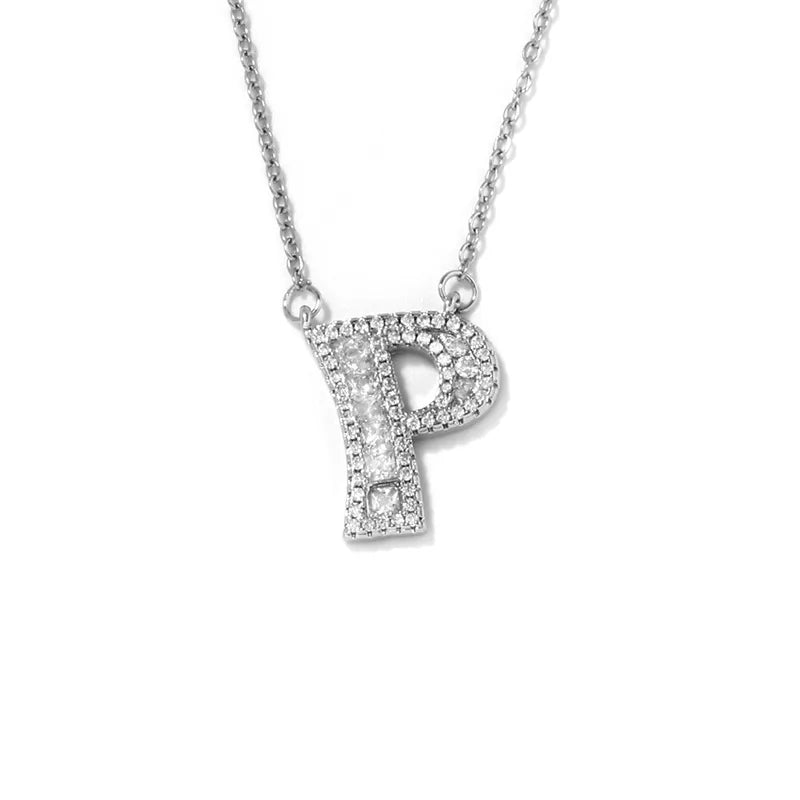 304 Stainless Steel Copper Rhodium Plated Hip-Hop Rock Tropical Asymmetrical Inlay Letter Zircon Pendant Necklace